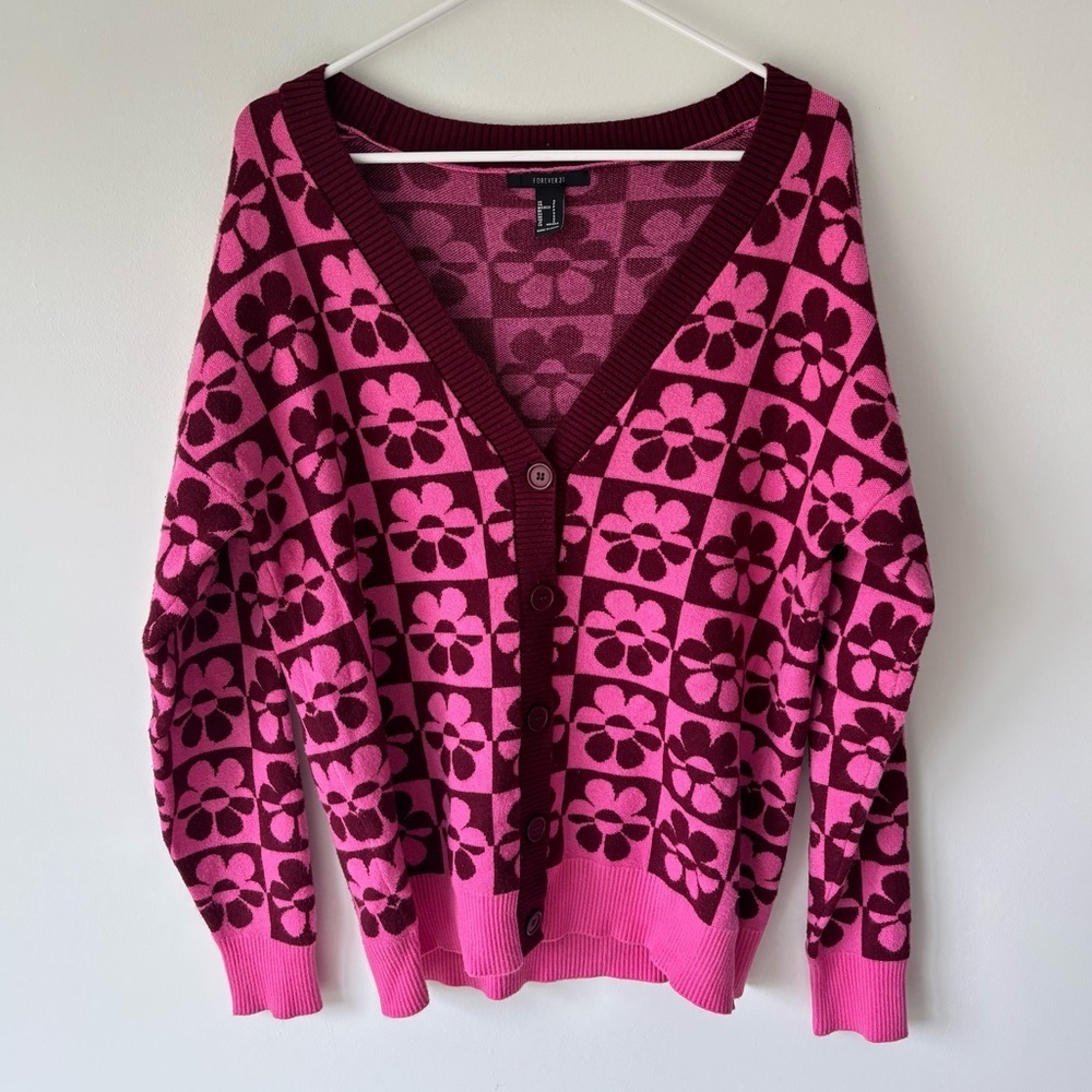 Pink Purple Floral Button Front Knit Cardigan Boho Groovy 70s Daisy Slouchy